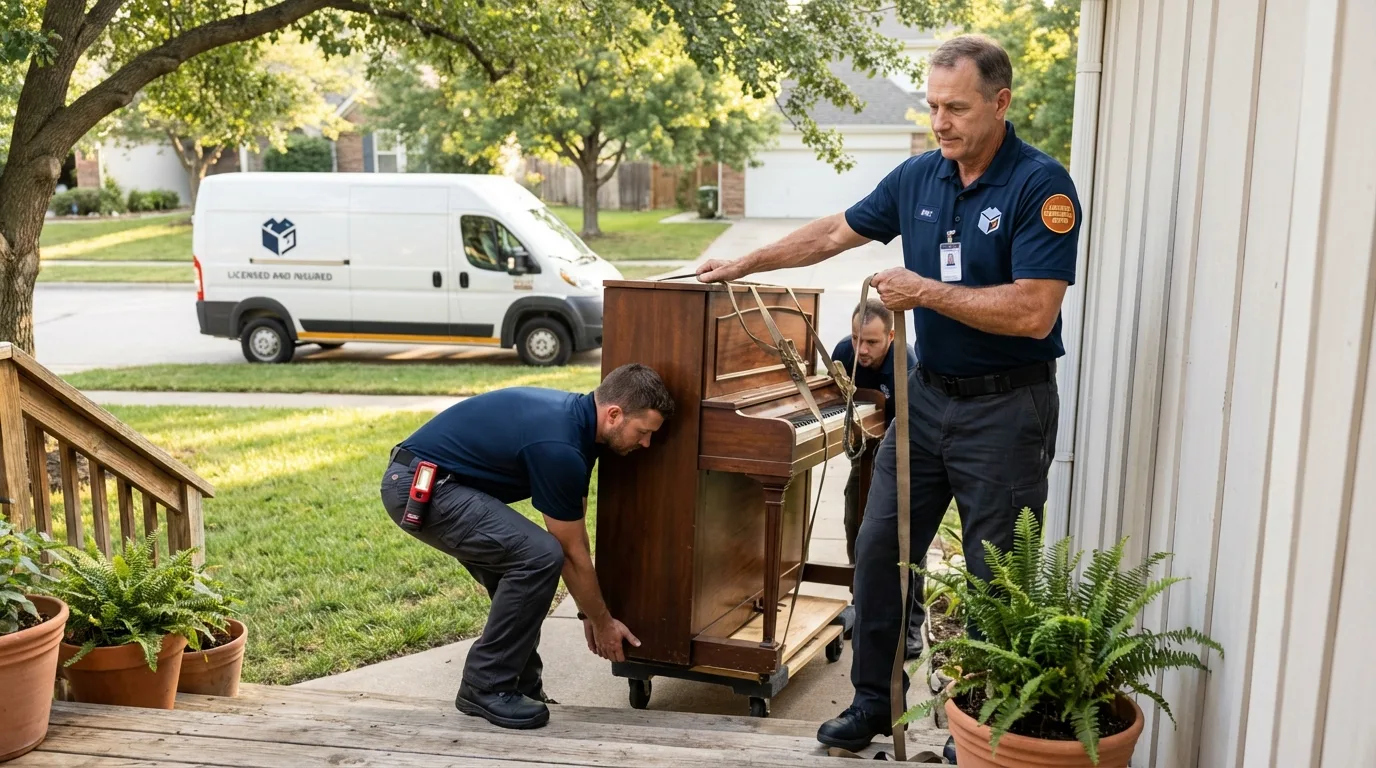 Licensed piano movers securing grand piano in Mannington, WV