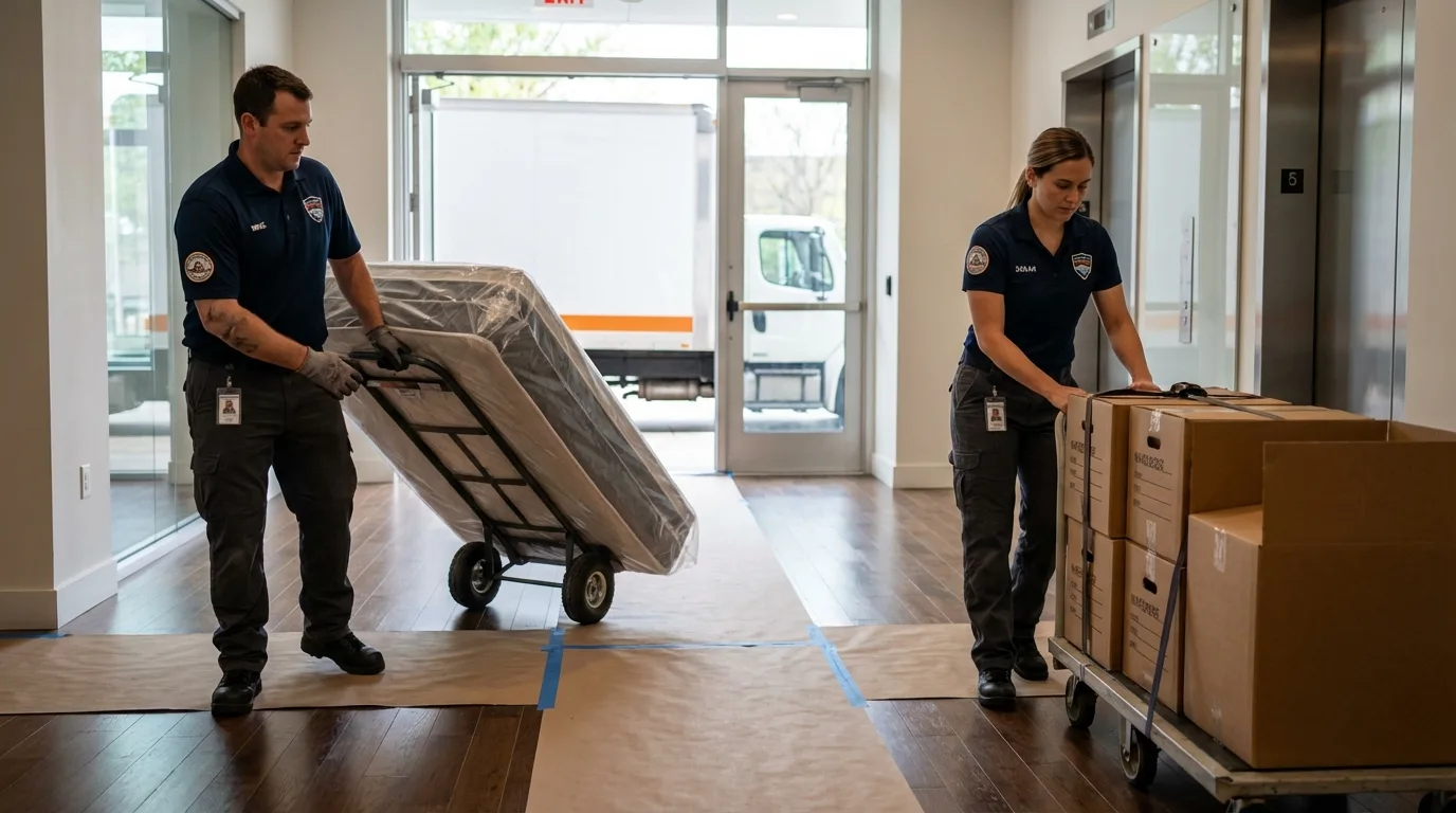 Professional apartment movers loading elevator in Mannington, WV